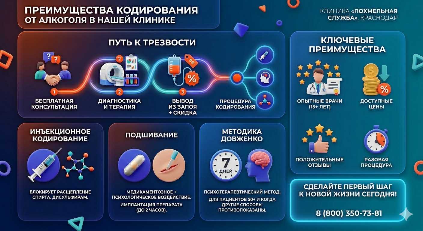 Инфографика о методах кодирования от алкоголя в Абазе: инъекции, подшивание, метод Довженко. Преимущества клиники и этапы лечения.