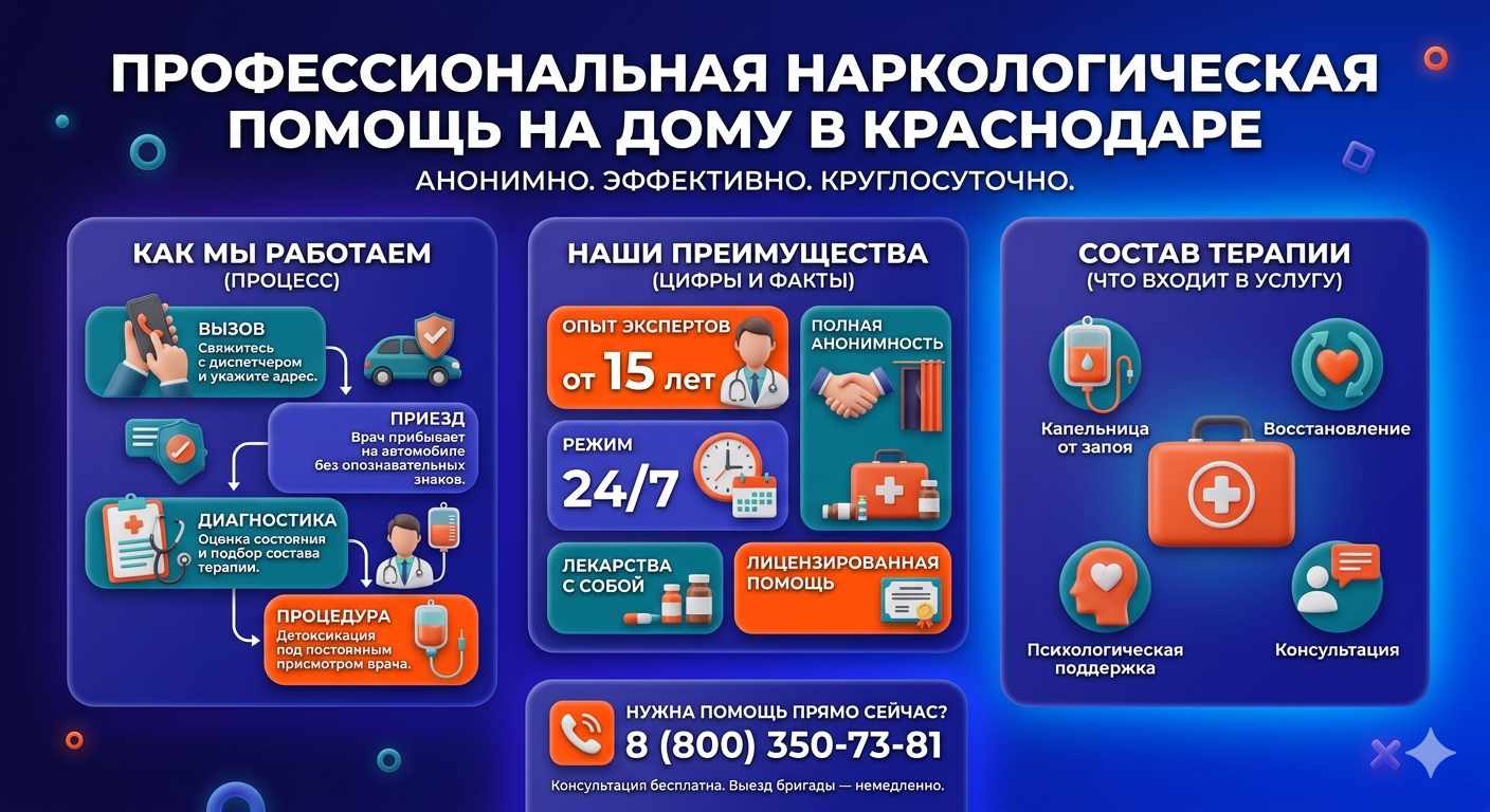 Инфографика о принципах лечения алкоголизма на дому в Абазе: этапы вызова нарколога, преимущества анонимной детоксикации и состав медицинской помощи.
